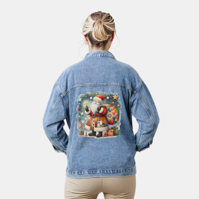 Quilted Patchwork Santa with Christmas Stars Denim Jacket (Model)