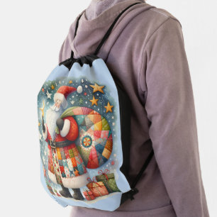 Quilted Patchwork Santa with Christmas Stars Drawstring Bag
