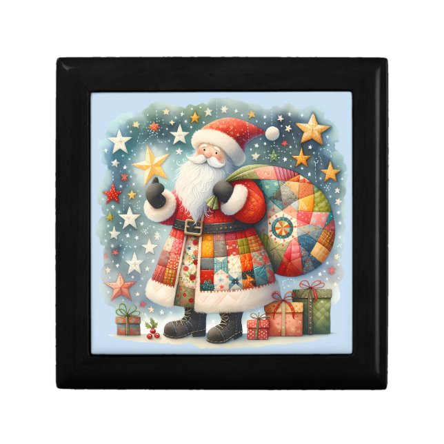 Quilted Patchwork Santa with Christmas Stars Gift Box (Front)