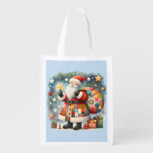 Quilted Patchwork Santa with Christmas Stars Grocery Bag