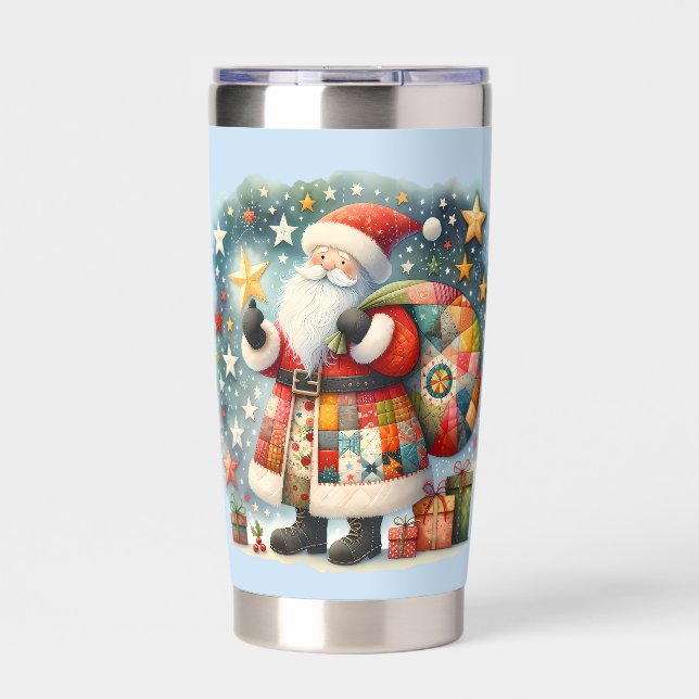 Quilted Patchwork Santa with Christmas Stars Insulated Tumbler (Front)