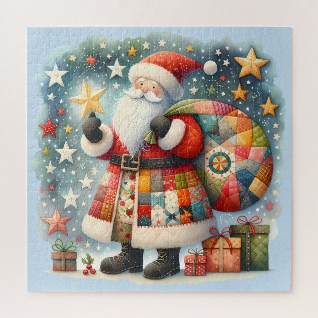Quilted Patchwork Santa with Christmas Stars Jigsaw Puzzle (Vertical)