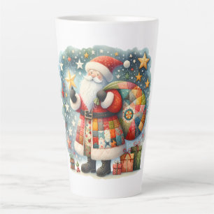 Quilted Patchwork Santa with Christmas Stars Latte Mug