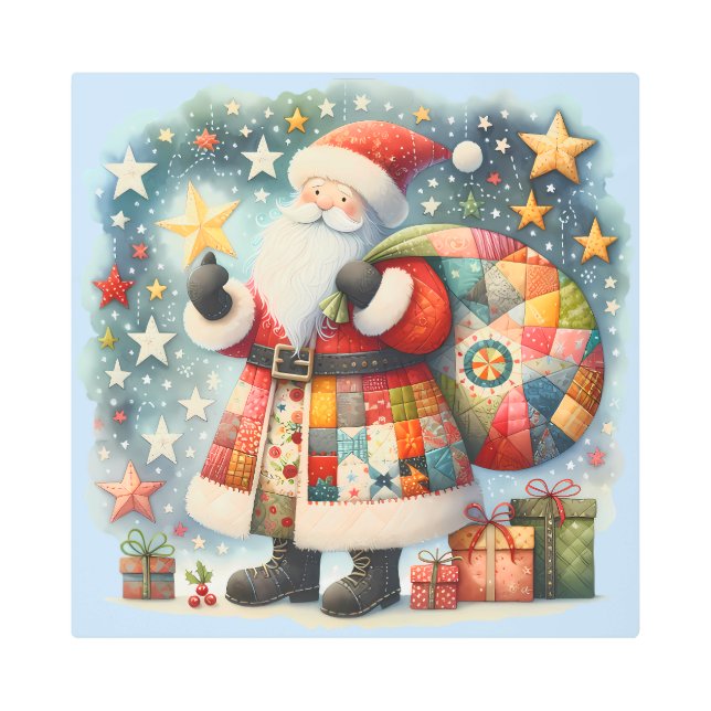 Quilted Patchwork Santa with Christmas Stars Metal Print (Front)
