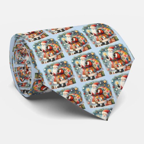 Quilted Patchwork Santa with Christmas Stars Neck Tie