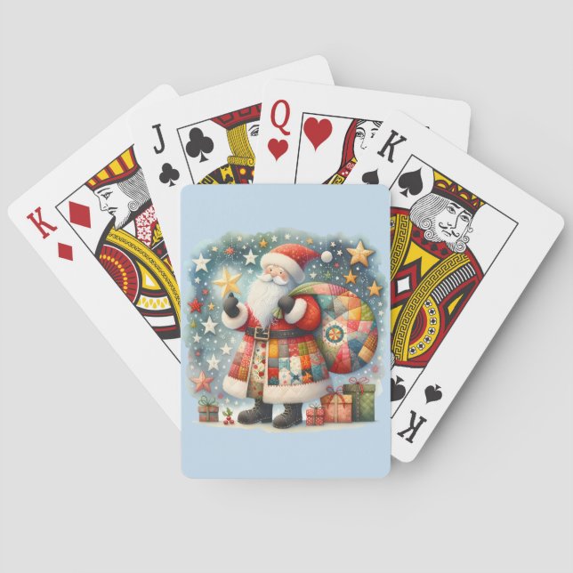 Quilted Patchwork Santa with Christmas Stars Poker Cards (Back)