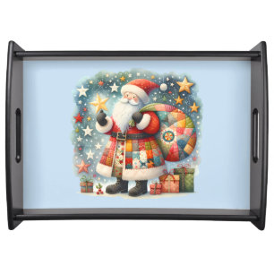 Quilted Patchwork Santa with Christmas Stars Serving Tray