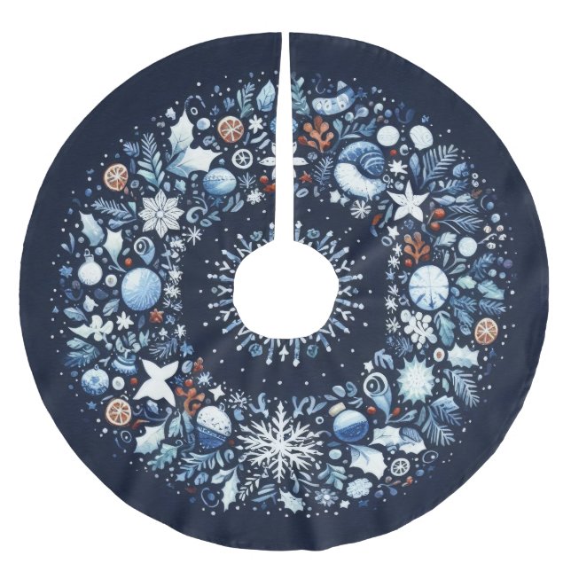 Quilted Pattern Blue and White Christmas Brushed Polyester Tree Skirt (Front)