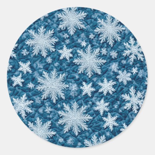 Quilted Pattern Blue and White Snowflakes Classic Round Sticker