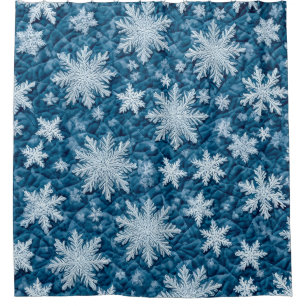 Quilted Pattern Blue and White Snowflakes Shower Curtain