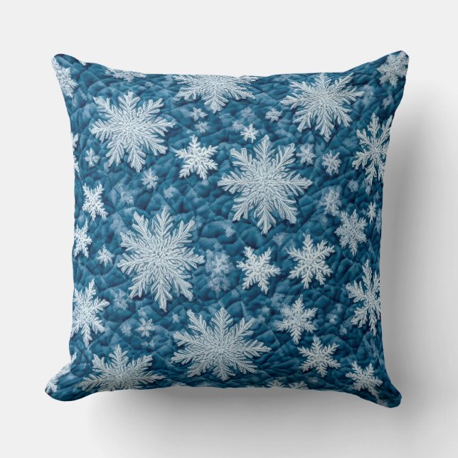 Quilted Pattern Blue and White Snowflakes Throw Pillow (Front)