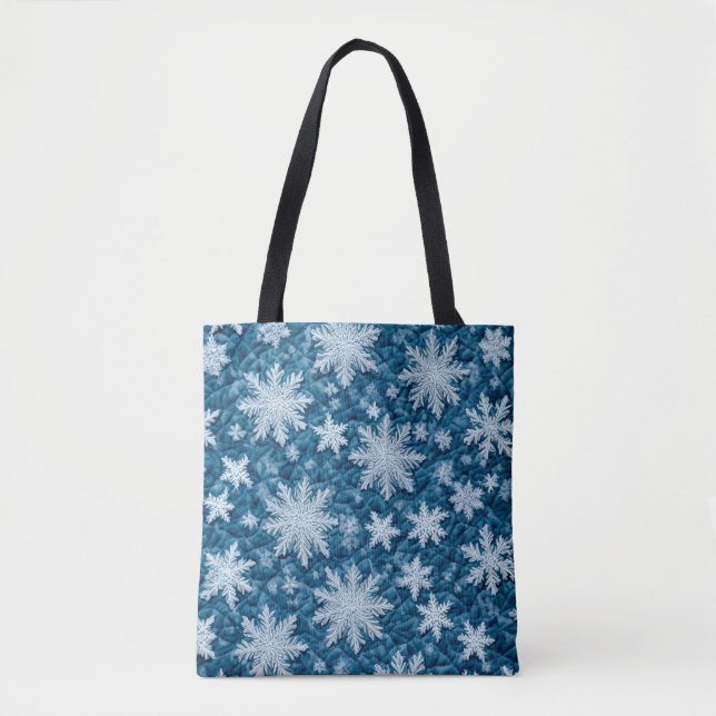 Quilted Pattern Blue and White Snowflakes Tote Bag (Front)