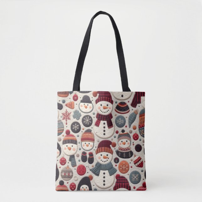 Quilted Pattern of Snowmen Tote Bag (Front)