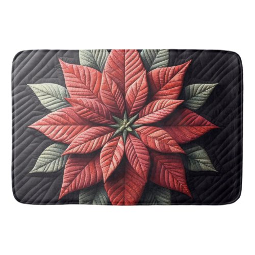 Quilted Pattern Poinsettia Black Bath Mat