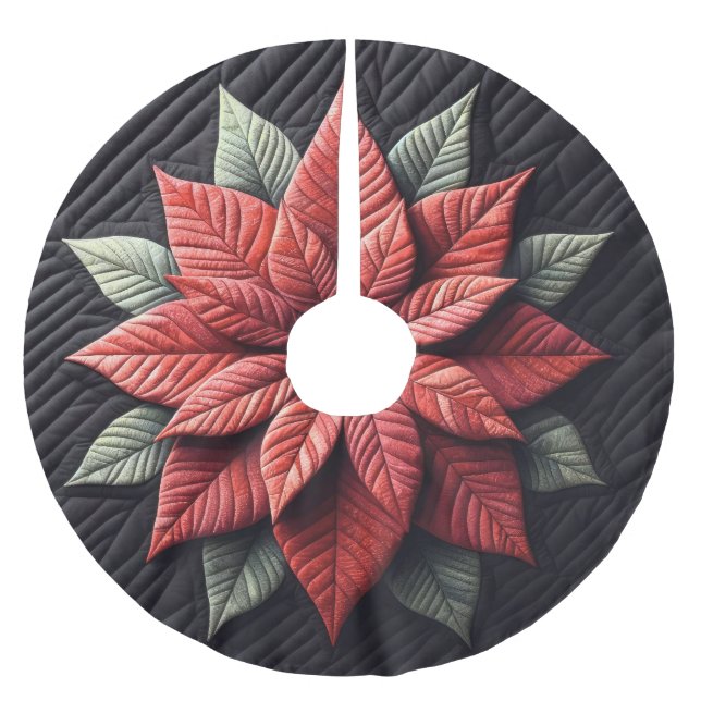 Quilted Pattern Poinsettia Black Brushed Polyester Tree Skirt (Front)