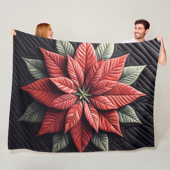 Quilted Pattern Poinsettia Black Fleece Blanket (In Situ)