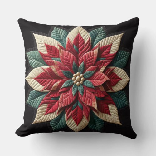 Quilted Pattern Poinsettia Black Throw Pillow