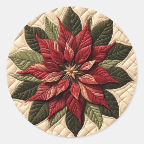 Quilted Pattern Poinsettia Cream Classic Round Sticker