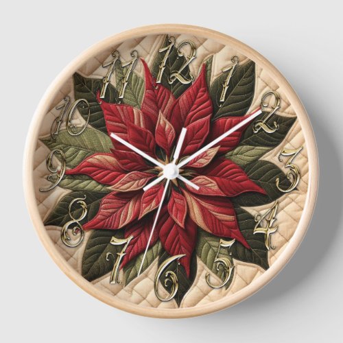 Quilted Pattern Poinsettia Cream Clock