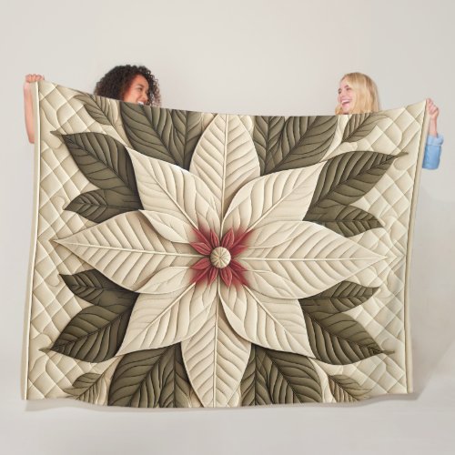 Quilted Pattern Poinsettia Cream Fleece Blanket