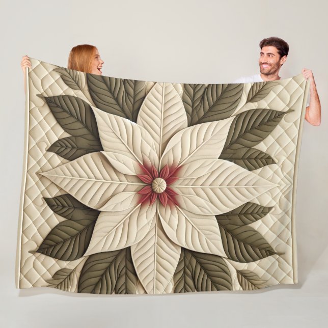 Quilted Pattern Poinsettia Cream Fleece Blanket (In Situ)