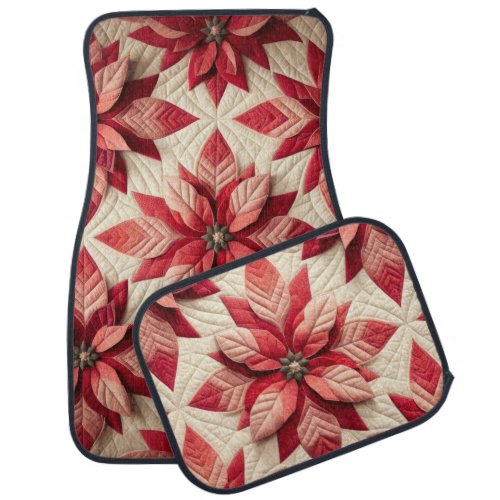 Quilted Pattern Poinsettia Cream Red Car Floor Mat