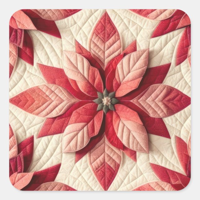 Quilted Pattern Poinsettia Cream Red Square Sticker (Front)