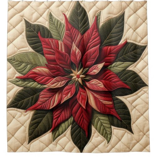 Quilted Pattern Poinsettia Cream Shower Curtain