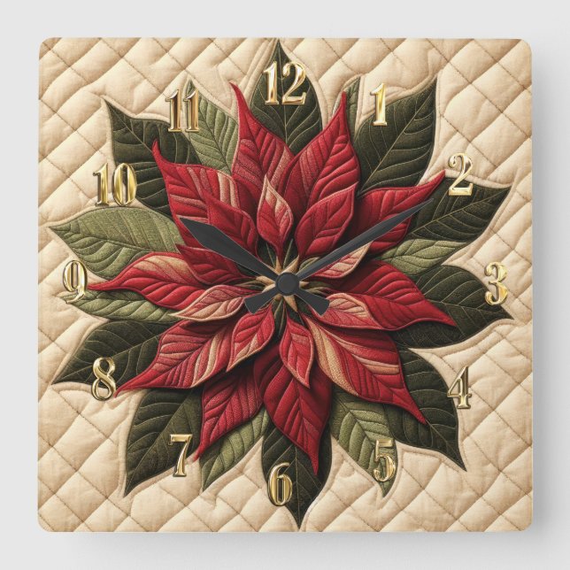 Quilted Pattern Poinsettia Cream Square Wall Clock (Front)