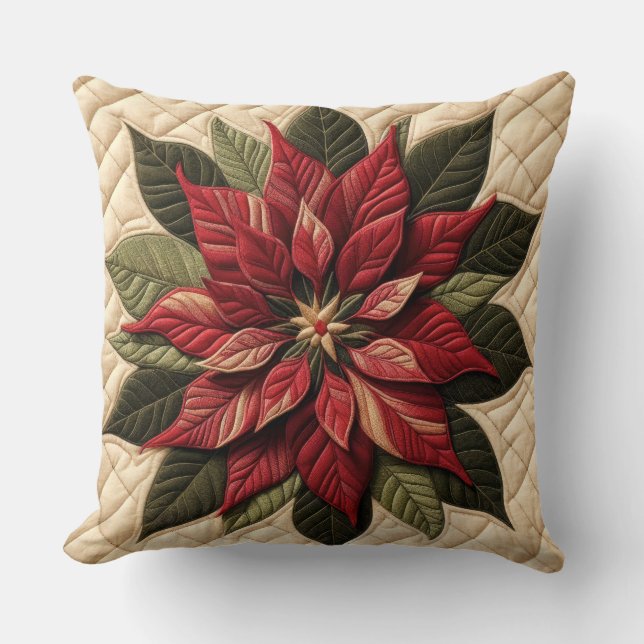 Quilted Pattern Poinsettia Cream Throw Pillow (Front)