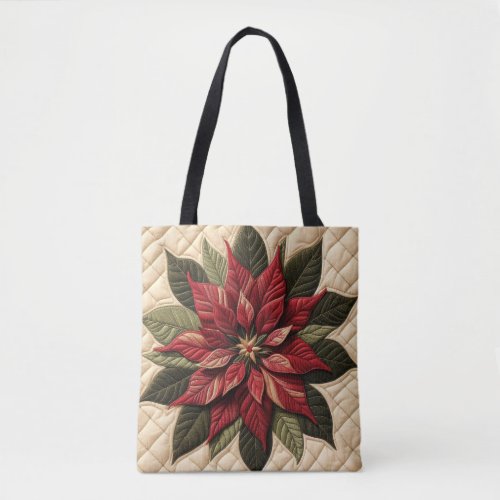 Quilted Pattern Poinsettia Cream Tote Bag
