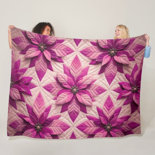 Quilted Pattern Poinsettia Pink Fleece Blanket