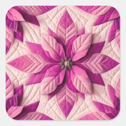 Quilted Pattern Poinsettia Pink Square Sticker