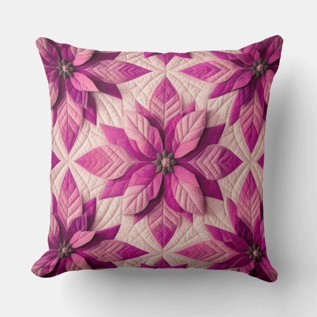Quilted Pattern Poinsettia Pink Throw Pillow (Front)