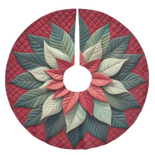 Quilted Pattern Poinsettia Red Brushed Polyester Tree Skirt