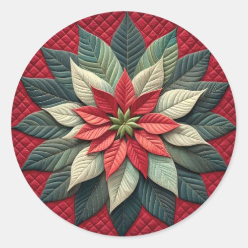 Quilted Pattern Poinsettia Red Classic Round Sticker