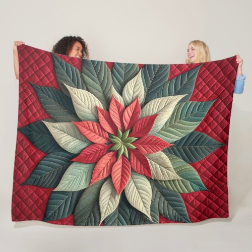 Quilted Pattern Poinsettia Red Fleece Blanket