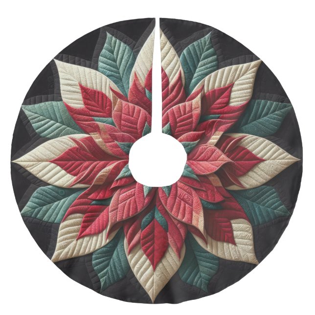 Quilted Pattern Poinsettia Red Green Black Brushed Polyester Tree Skirt (Front)