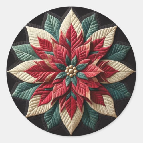 Quilted Pattern Poinsettia Red Green Black Classic Round Sticker