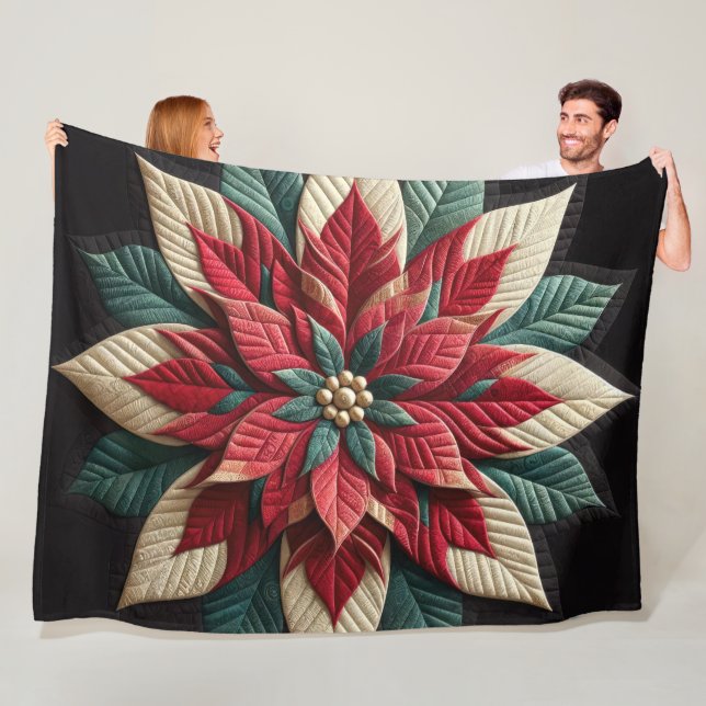 Quilted Pattern Poinsettia Red Green Black Fleece Blanket (In Situ)