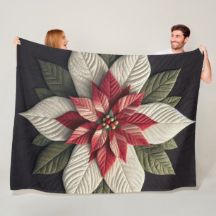 Quilted Pattern Poinsettia Red Green Black Fleece Blanket