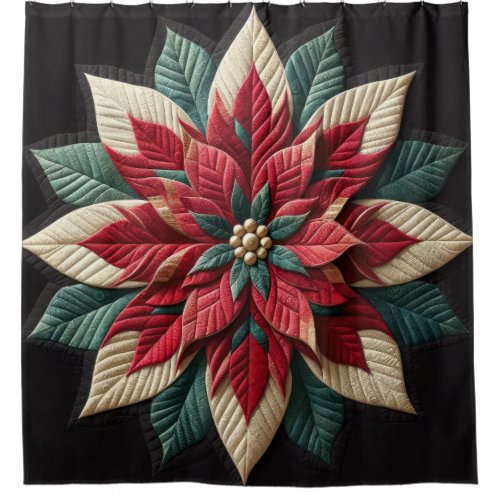 Quilted Pattern Poinsettia Red Green Black Shower Curtain