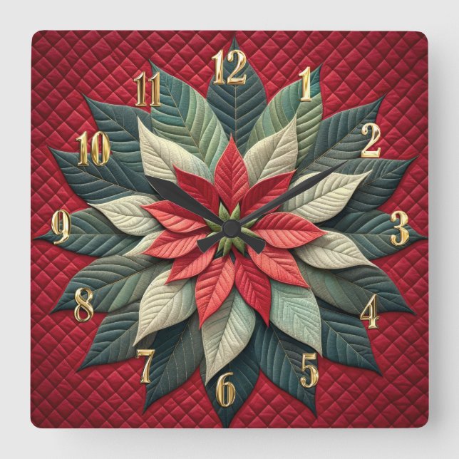Quilted Pattern Poinsettia Red Square Wall Clock (Front)