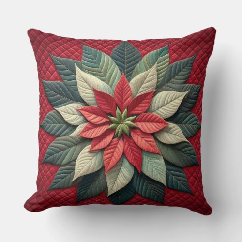 Quilted Pattern Poinsettia Red Throw Pillow
