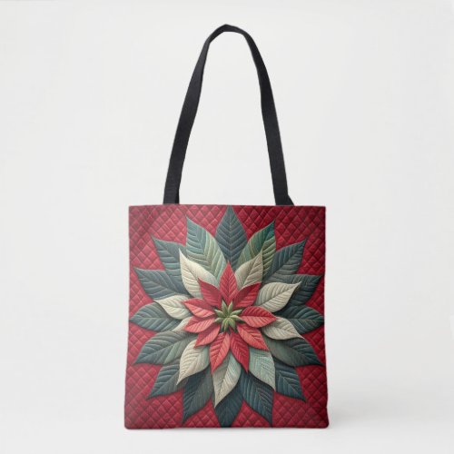 Quilted Pattern Poinsettia Red Tote Bag
