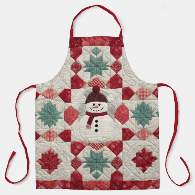 Quilted Pattern Snowman Red White Green Apron (Front)