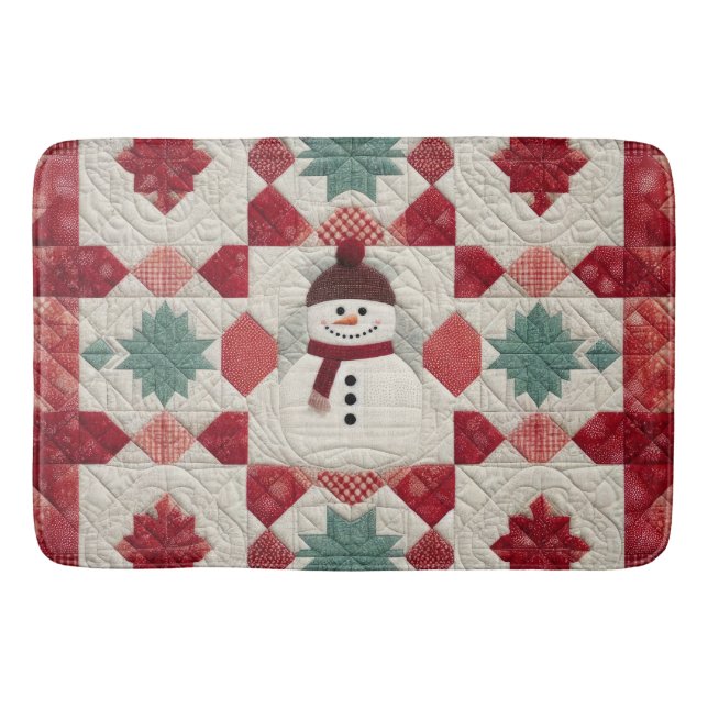Quilted Pattern Snowman Red White Green Bath Mat (Front)