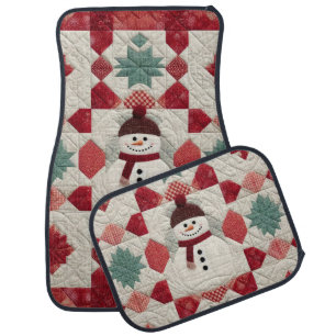 Quilted Pattern Snowman Red White Green Car Floor Mat