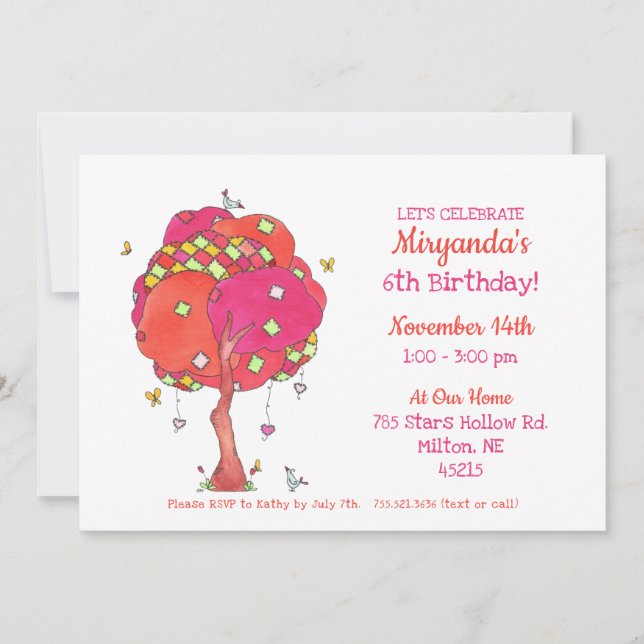 Quilted Pink Tree Birds Girl's Birthday Invitation (Front)