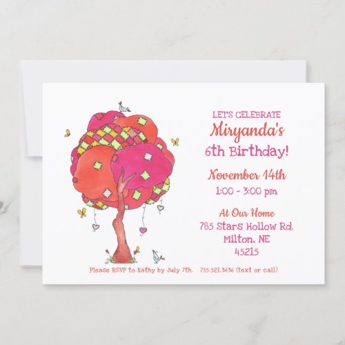 Quilted Pink Tree Birds Girls Birthday Invitation